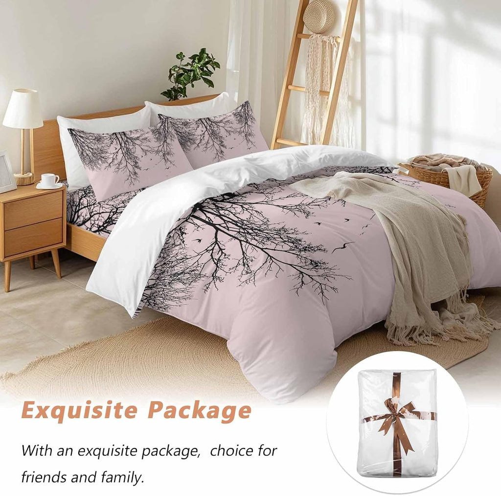 Prime Leader Tree Branches Bird Duvet Cover Set Queen Size 4 Pieces Pink Background Black Deadwood Bedding Set with Zipper Closure, 1 Comforter Cover 86x86 Inches 1 Flat Sheet & 2 Pillow Cases