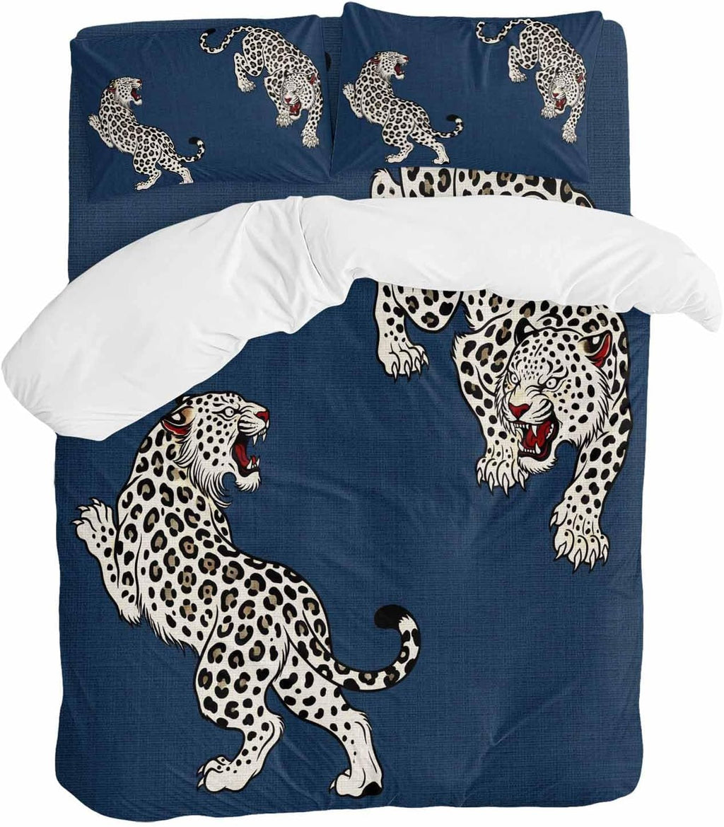 Navy Blue Leopard Duvet Cover Set Queen Size 4 Pieces Modern Style Wild Animal Rustic Linen Texture Bedding Set with Zipper Closure, 1 Comforter Cover 86x86 Inches 1 Flat Sheet & 2 Pillow Cases