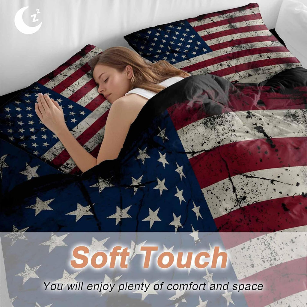 Prime Leader Independence Day Duvet Cover Set Queen Size 4 Pieces Mottled U. S. Flag Shabby Chic Vintage Bedding Set with Zipper Closure, 1 Comforter Cover 90x92 Inches 1 Flat Sheet & 2 Pillow Cases