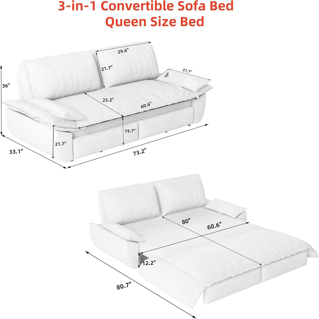 WILLIAMSPACE 73.2' Queen Pull Out Sofa Bed, 3-in-1 Velvet Convertible Sleeper Sofa Couch with 2 Soft Pillows, Multi-Functional Loveseat Bed Pull Out Couch for Living Room, Apartment (Beige)
