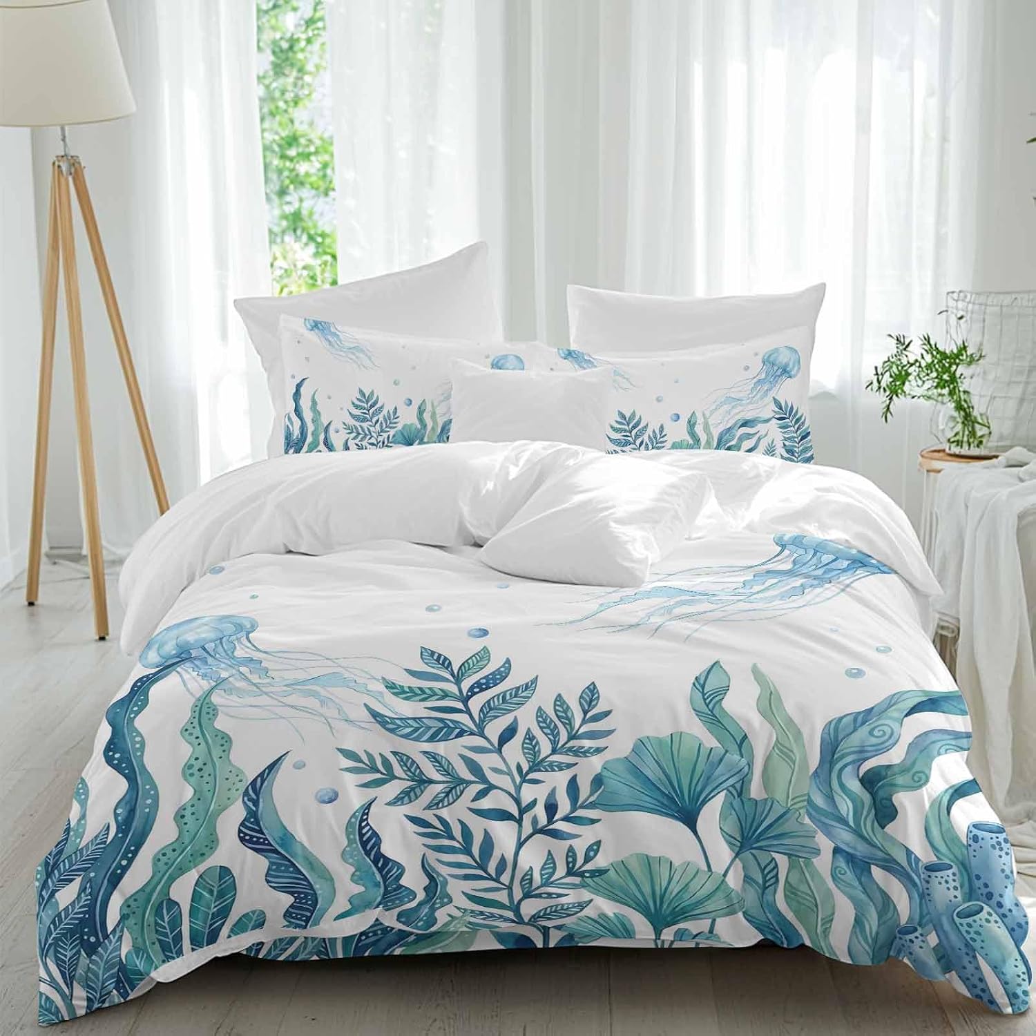 Prime Leader Blue Summer Ocean Duvet Cover Set Queen Size 4 Pieces Jellyfish Seaweed Watercolor Coastal Bedding Set with Zipper Closure, 1 Comforter Cover 90x92 Inches 1 Flat Sheet & 2 Pillow Cases