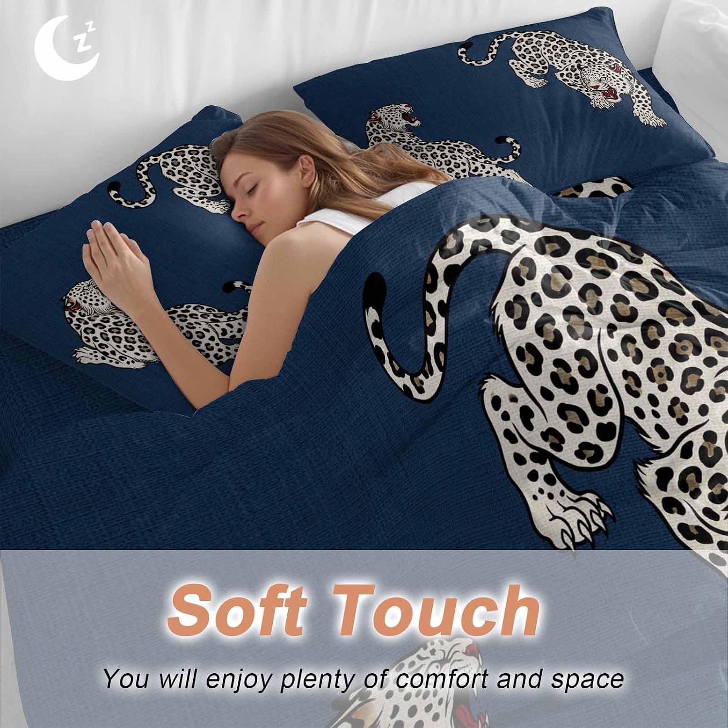 Navy Blue Leopard Duvet Cover Set Queen Size 4 Pieces Modern Style Wild Animal Rustic Linen Texture Bedding Set with Zipper Closure, 1 Comforter Cover 90x92 Inches 1 Flat Sheet & 2 Pillow Cases
