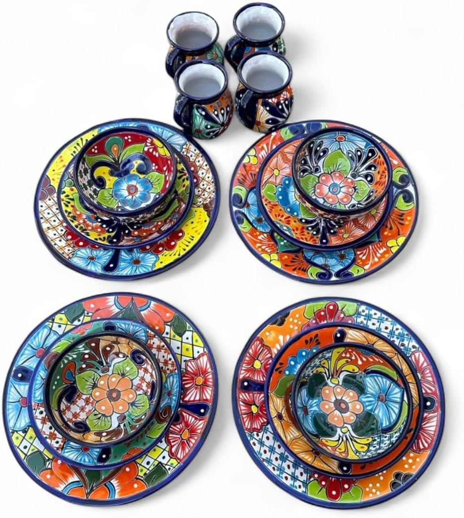16-Piece Talavera Dinnerware Set | Hand-Painted Mexican Pottery with 4 Large 11.5' Plates, 4 Small 8' Plates, 4 Bowls, and 4 Mugs | Unique, Artisan-Made Ceramic Dish Set