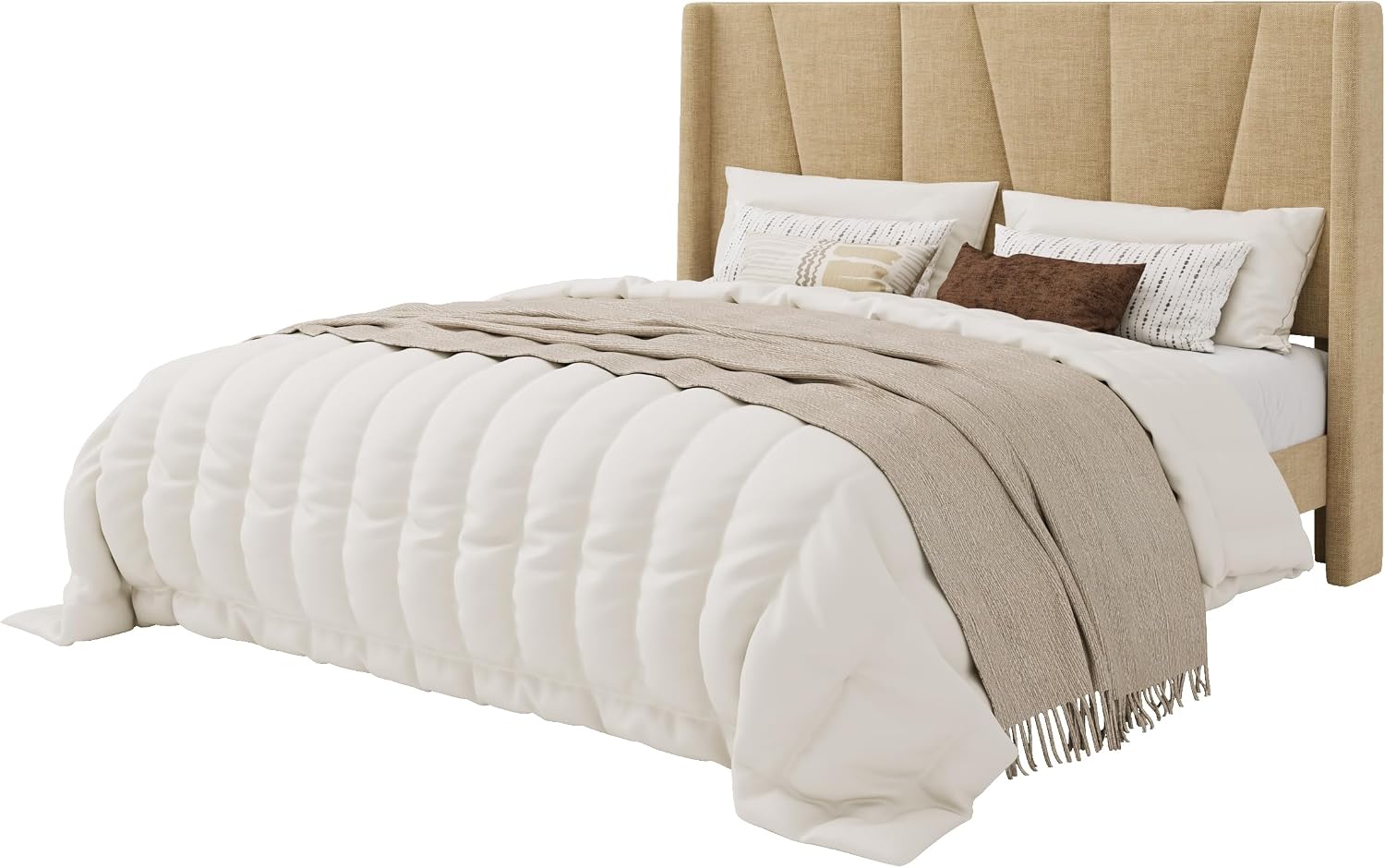 SHA CERLIN Queen Size Bed Frame with Geometric Wingback Headboard, Upholstered Platform Bed with Wooden Slats Support, 8' Under-Bed Space, No Box Spring Needed, Easy Assembly, Beige