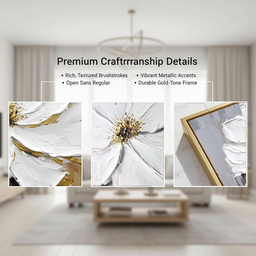 3 Piece Framed Canvas Wall Art for Living Room, Textured White Floral Abstract Oil Painting with Gold Frame, Modern Luxury Flower Wall Decor for Bedroom Office, Each Panel 20x28 Inches