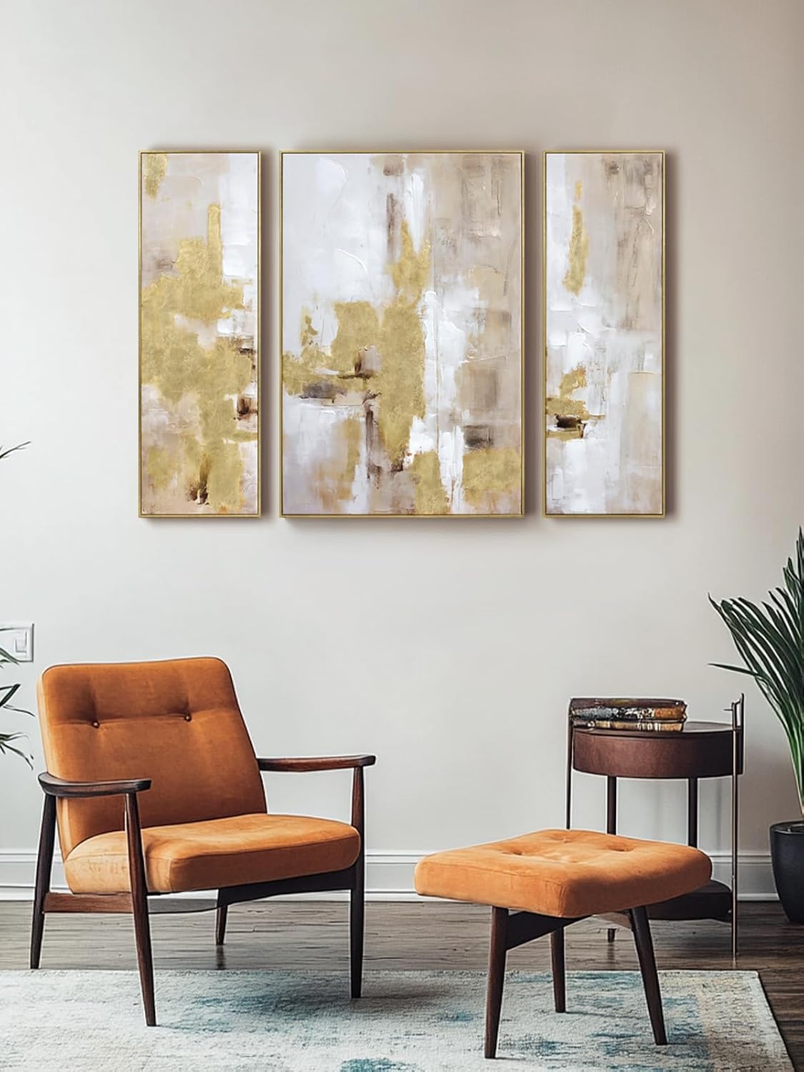 3 Piece Abstract Wall Art for Living Room – Gold and Beige Modern Textured Canvas Prints with Hand-Applied Brush Strokes, Large Wall Decor for Bedroom, Office, or Dining Room, 2 Piece 12 x 36 and 1 Piece 24 x 36 Inches