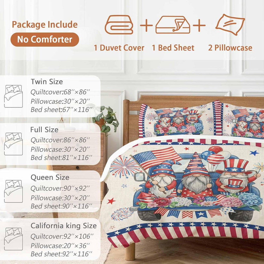 250th US Anniversary Duvet Cover Set Queen Size 4 Pieces Independence Day Gnomes Blue Truck Retro Bedding Set with Zipper Closure, 1 Comforter Cover 90x92 Inches 1 Flat Sheet & 2 Pillow Cases