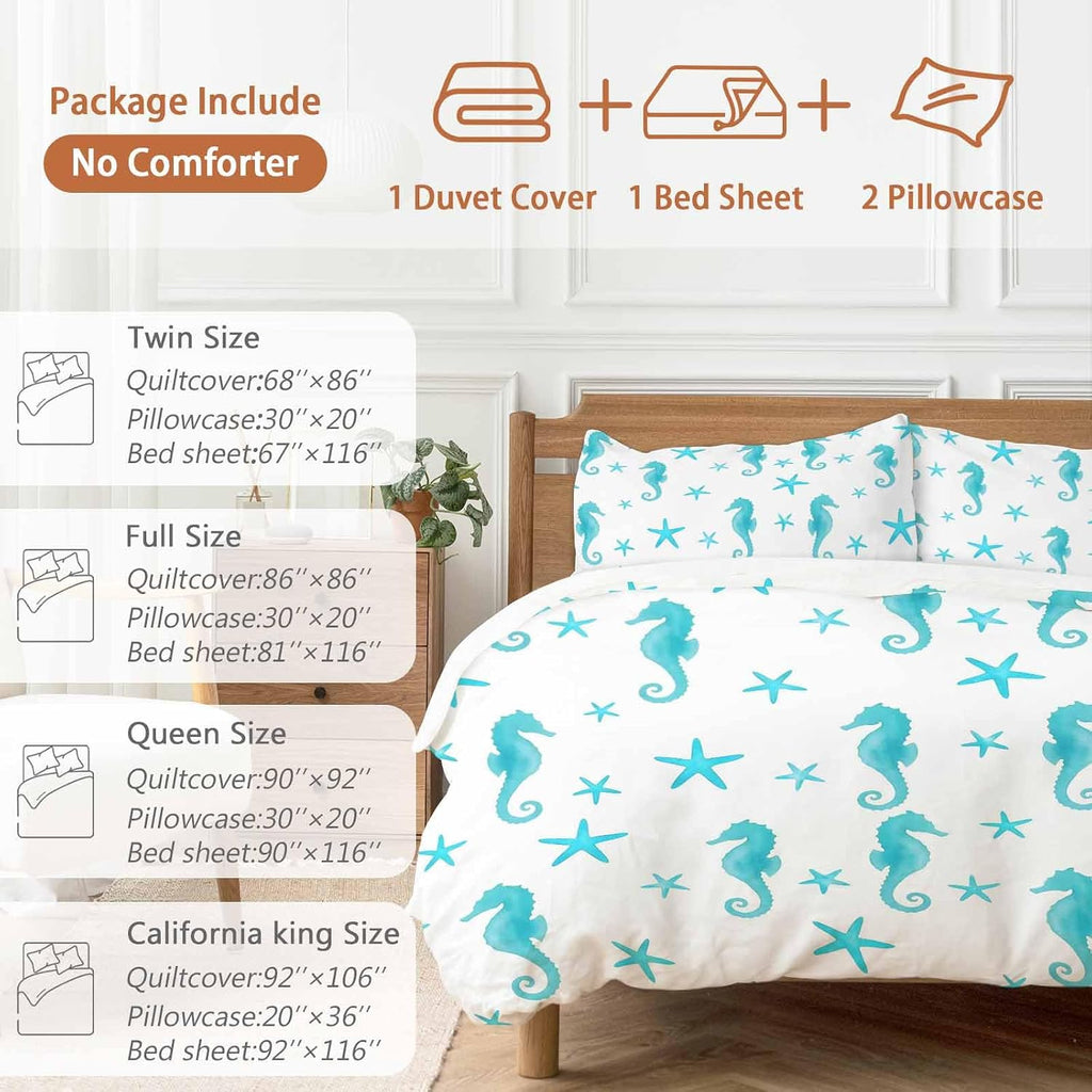 Turquoise Marine Life Duvet Cover Set Queen Size 4 Pieces Summer Seahorse and Starfish Ocean Bedding Set with Zipper Closure, 1 Comforter Cover 92x106 Inches 1 Flat Sheet & 2 Pillow Cases