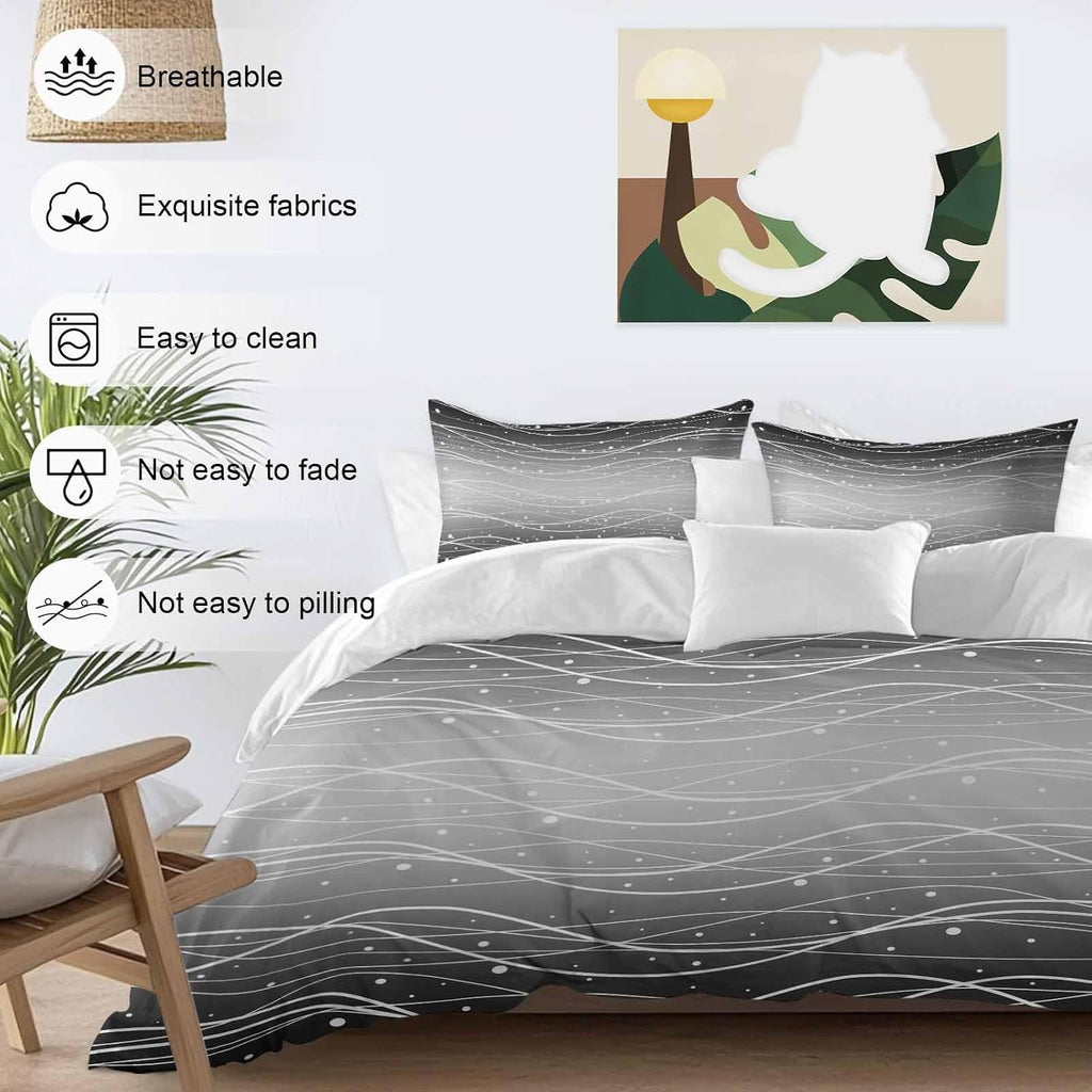 Gradient Black White Duvet Cover Set Queen Size 4 Pieces Wave Line Dots Modern Abstract Simple Bedding Set with Zipper Closure, 1 Comforter Cover 92x106 Inches 1 Flat Sheet & 2 Pillow Cases