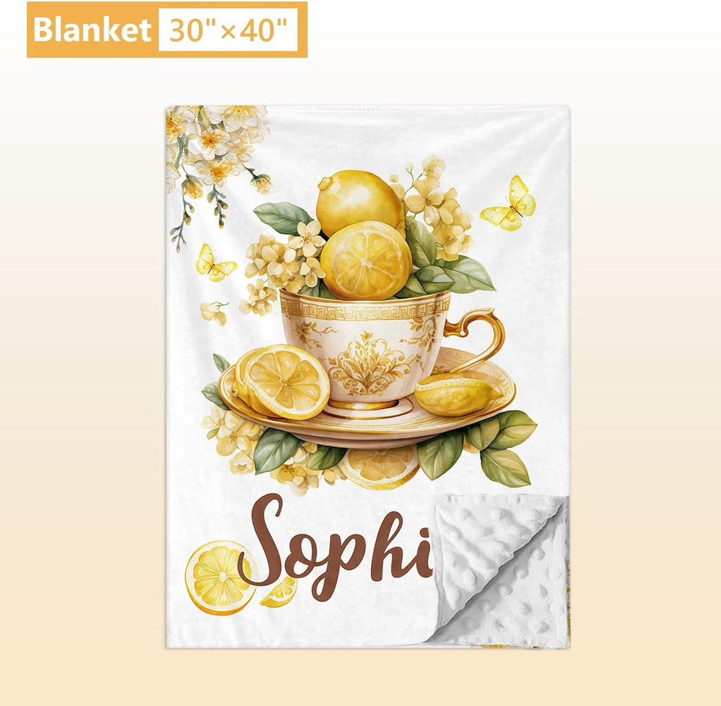 Terwex Personalized Baby Crib Bedding Set, 5 Pcs Custom Name Nursery Bedding Set, Lemon Tea Baby Bedding Set for Girls Boys, Double Layer Flannel Baby Crib Set, Toddlers Kids Infants Customized Gifts
