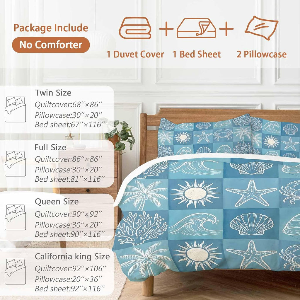 Prime Leader Blue Coastal Duvet Cover Set Queen Size 4 Pieces Summer Ocean Waves Shell Crab Coconut Tree Bedding Set with Zipper Closure, 1 Comforter Cover 86x86 Inches 1 Flat Sheet & 2 Pillow Cases