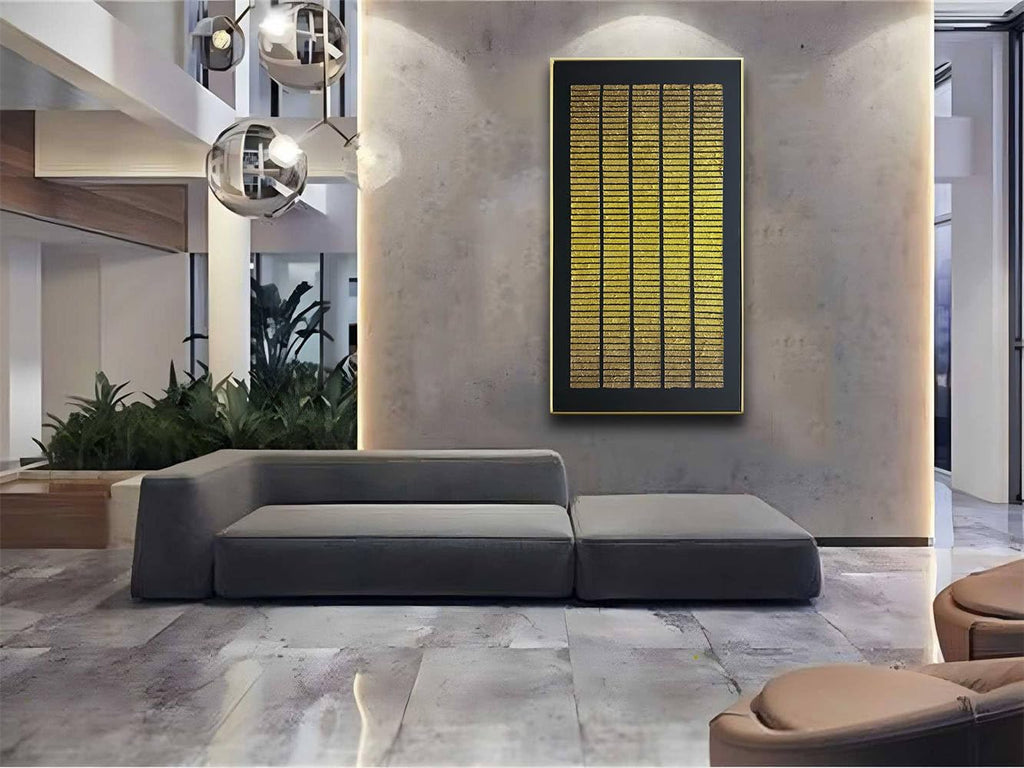 zoinart Black and Gold Textured Wall Art with Dense Golden Array Blocks, 24x48 inch Contemporary Minimalist Gold Framed Artwork Wall 24x48 Inch Metal Wall Art