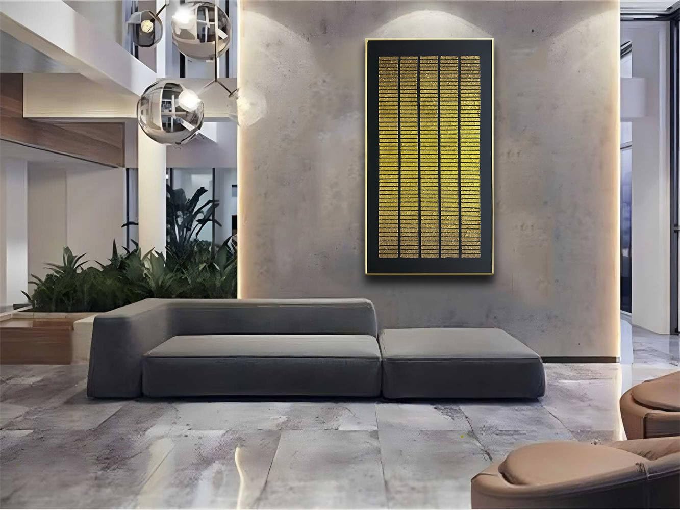 zoinart Black and Gold Textured Wall Art with Dense Golden Array Blocks, 24x48 inch Contemporary Minimalist Gold Framed Artwork Wall 24x48 Inch Metal Wall Art