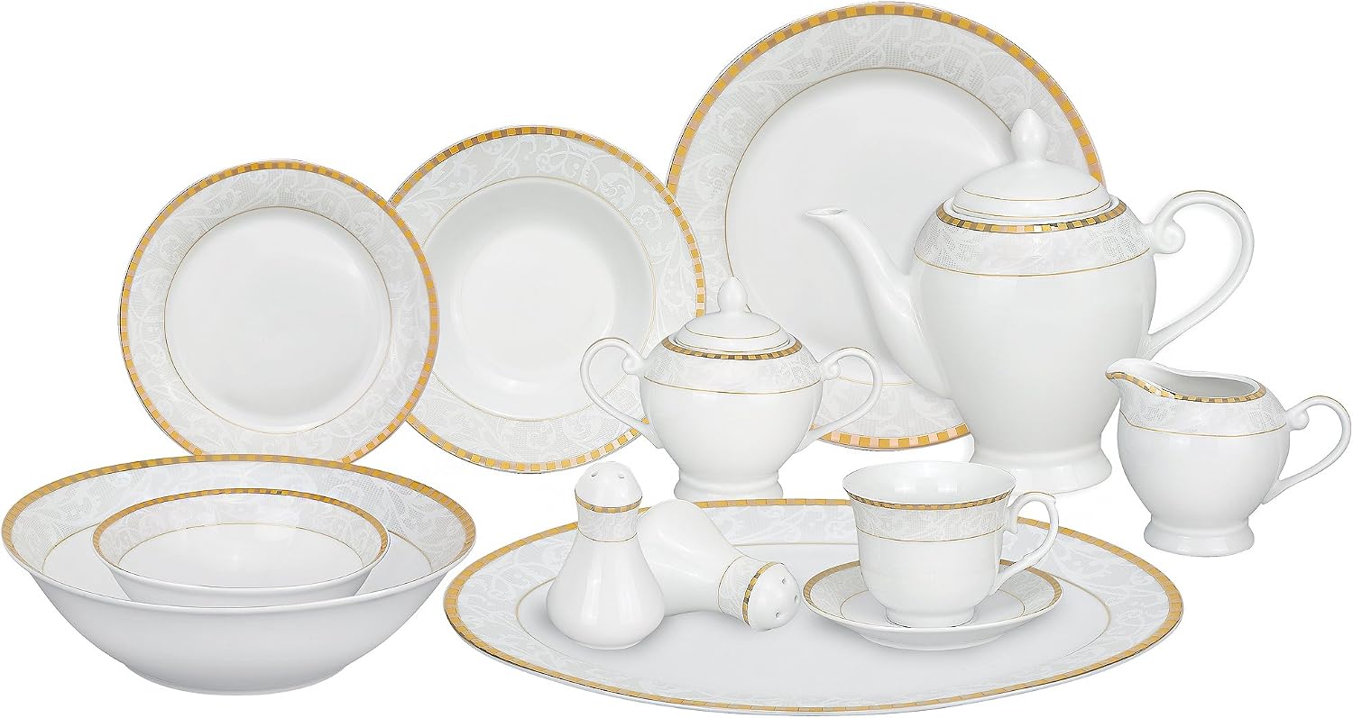 Lorren Home Trends 57-Piece Porcelain Dinnerware Set, Ricamo-GD, Service for 8