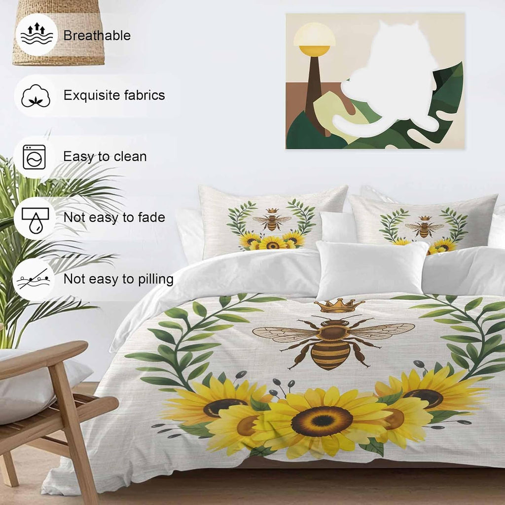 Retro Crown Bee Duvet Cover Set Queen Size 4 Pieces Country Sunflowers Green Leaves Wood Grain Bedding Set with Zipper Closure, 1 Comforter Cover 92x106 Inches 1 Flat Sheet & 2 Pillow Cases