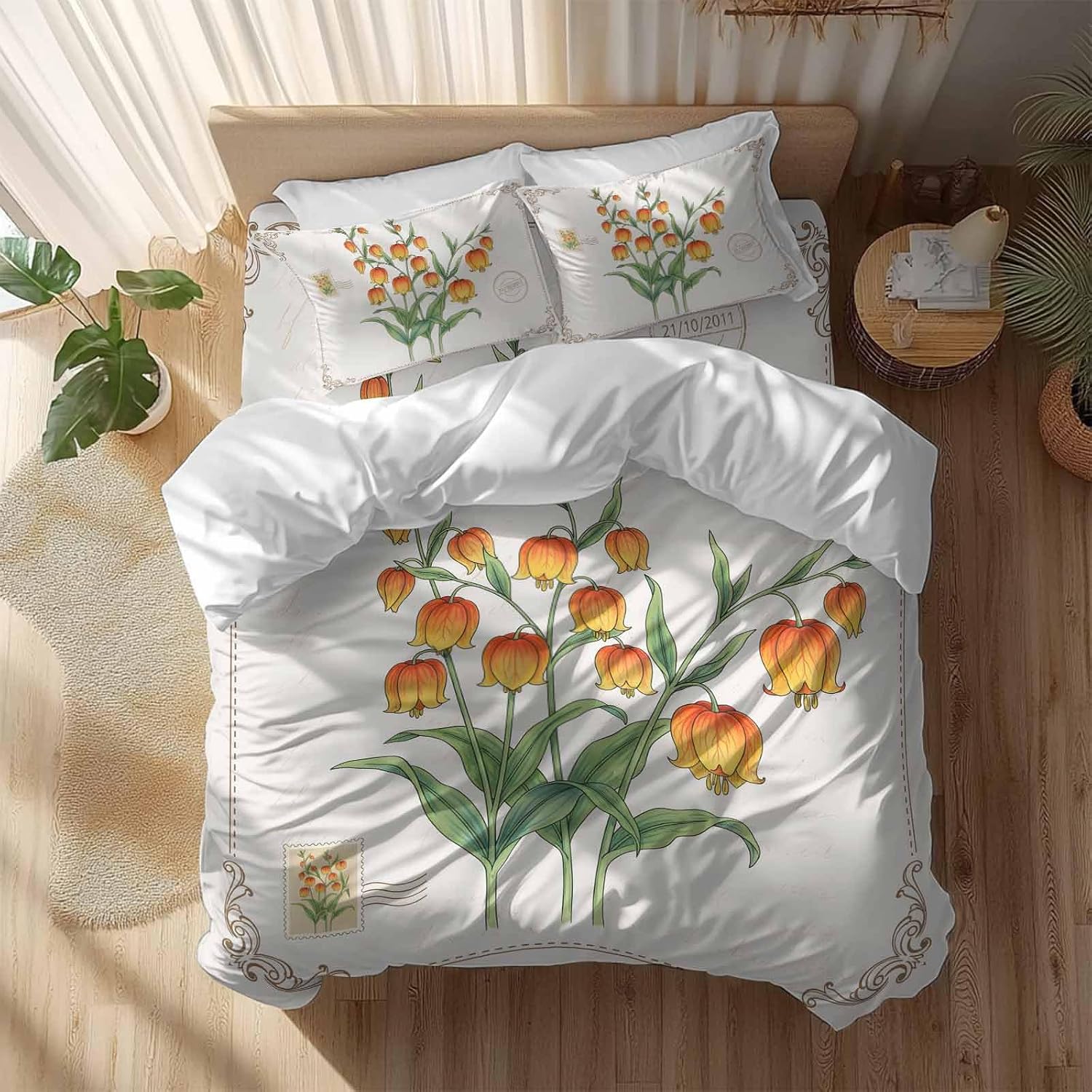Orange Floral Duvet Cover Set Queen Size 4 Pieces Country Pastoral Watercolor Flowers Green Leaf Bedding Set with Zipper Closure, 1 Comforter Cover 90x92 Inches 1 Flat Sheet & 2 Pillow Cases