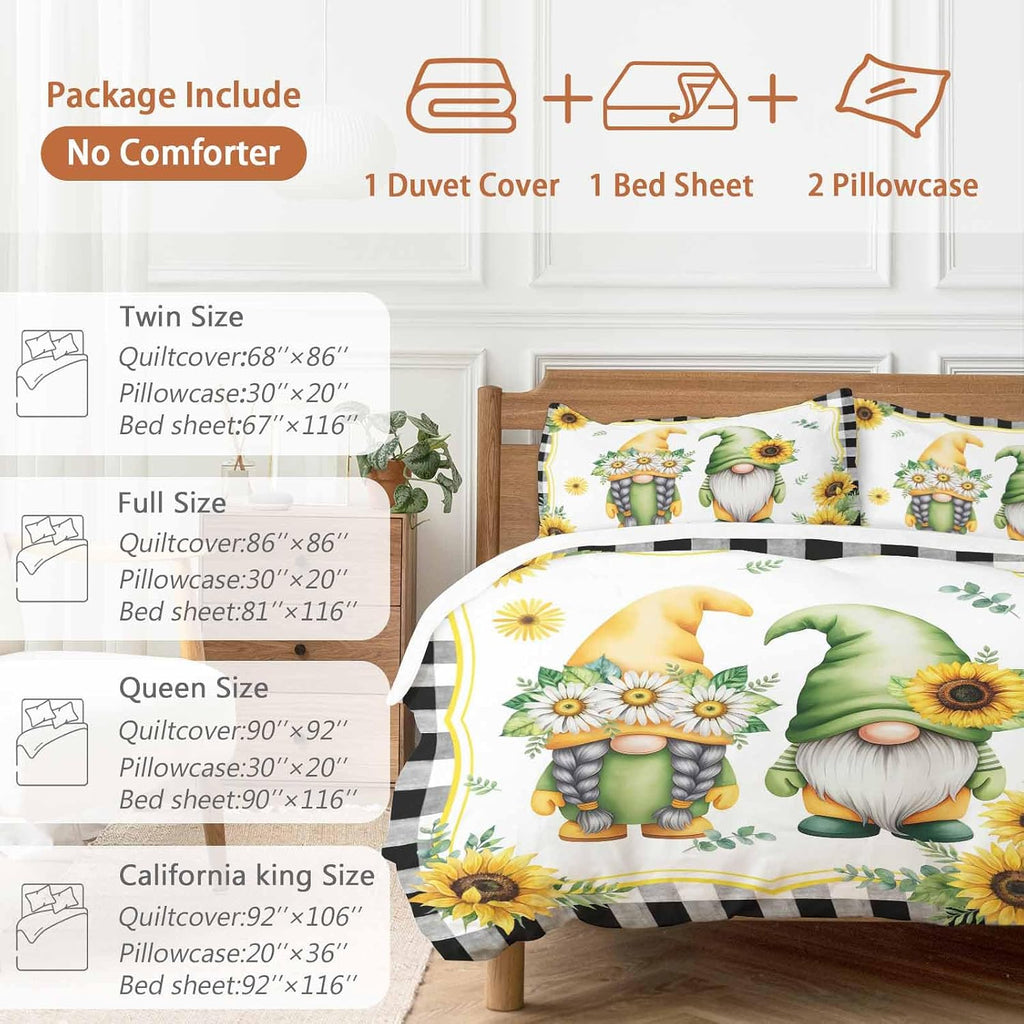 Prime Leader Summer Dwarfs Duvet Cover Set Queen Size 4 Pieces Yellow Sunflower Daisy Black Plaid Field Bedding Set with Zipper Closure, 1 Comforter Cover 90x92 Inches 1 Flat Sheet & 2 Pillow Cases