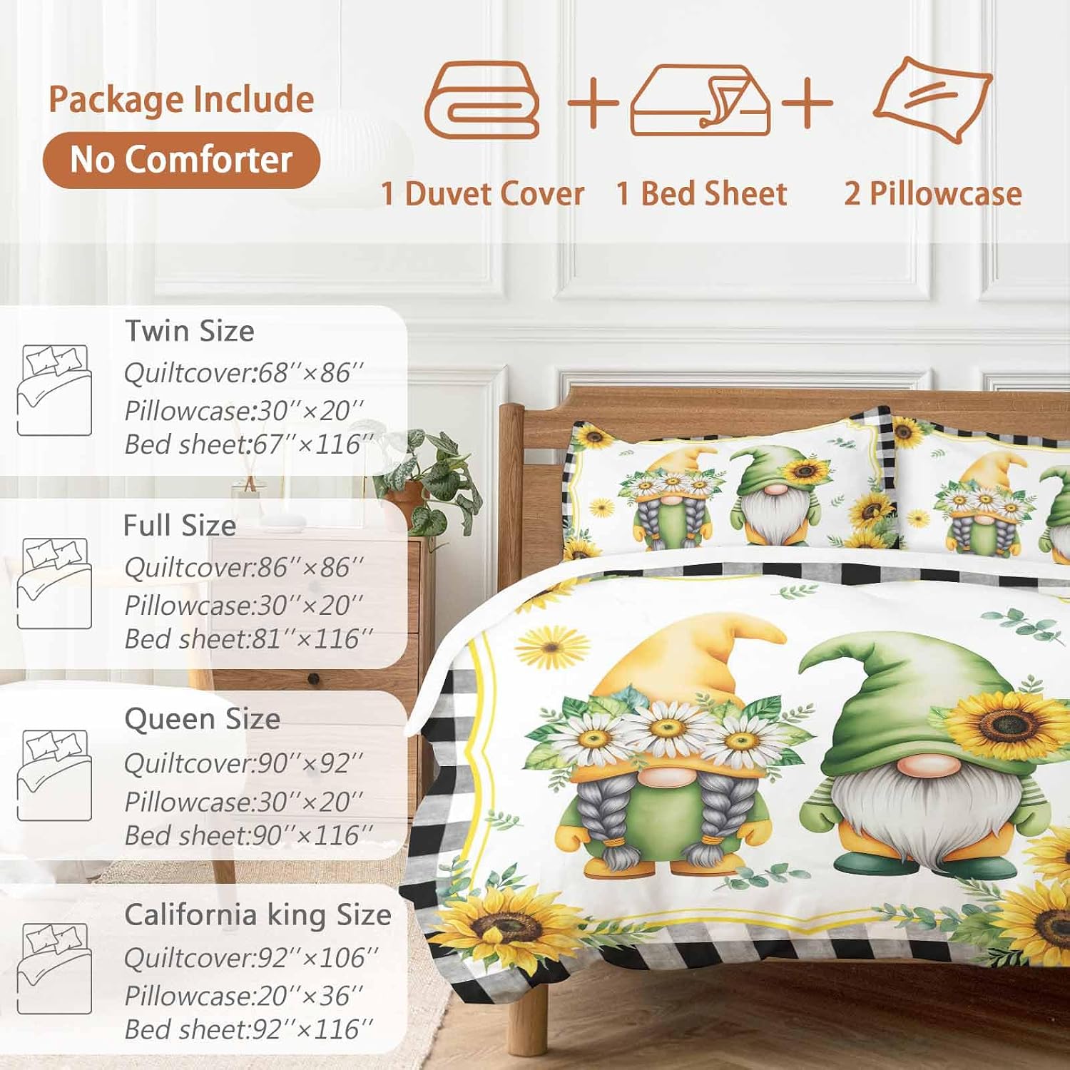 Prime Leader Summer Dwarfs Duvet Cover Set Queen Size 4 Pieces Yellow Sunflower Daisy Black Plaid Field Bedding Set with Zipper Closure, 1 Comforter Cover 90x92 Inches 1 Flat Sheet & 2 Pillow Cases