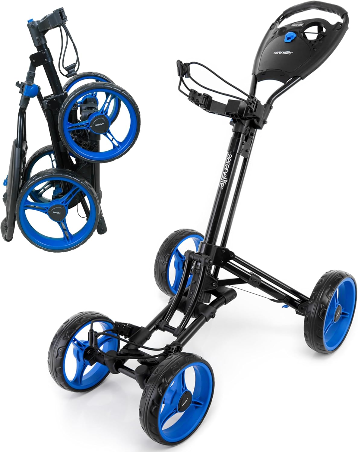 SereneLife Golf Cart Lightweight Foldable Golf Push Cart - Aluminum Folding Trolley with Adjustable Handle, Elastic Bag Straps, Dual Brakes, Scorecard & Cup Holders for Easy Maneuverability