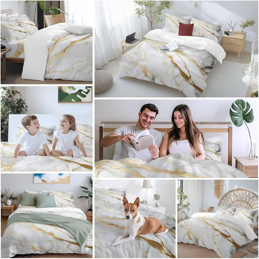 Prime Leader Gray Gold Marble Duvet Cover Set Queen Size 4 Pieces Modern Abstract Luxury Ink Texture Bedding Set with Zipper Closure, 1 Comforter Cover 92x106 Inches 1 Flat Sheet & 2 Pillow Cases
