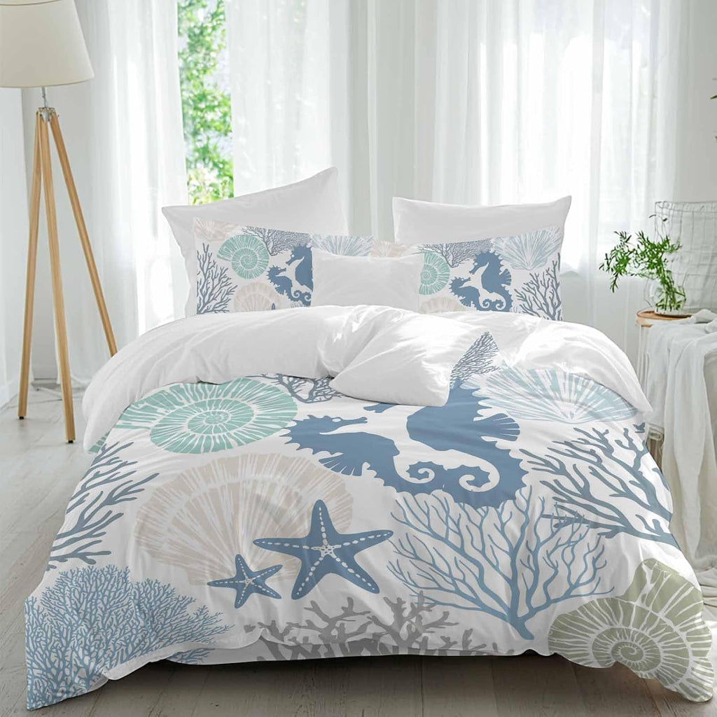 Blue Ocean Seahorse Duvet Cover Set Queen Size 4 Pieces Nautical Sea Watercolor Teal Shells Coral Starfish Bedding Set with Zipper Closure,1 Comforter Cover 92x106 Inches 1 Flat Sheet & 2 Pillow Cases