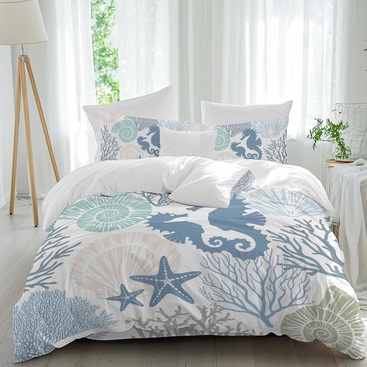 Blue Ocean Seahorse Duvet Cover Set Queen Size 4 Pieces Nautical Sea Watercolor Teal Shells Coral Starfish Bedding Set with Zipper Closure, 1 Comforter Cover 86x86 Inches 1 Flat Sheet & 2 Pillow Cases