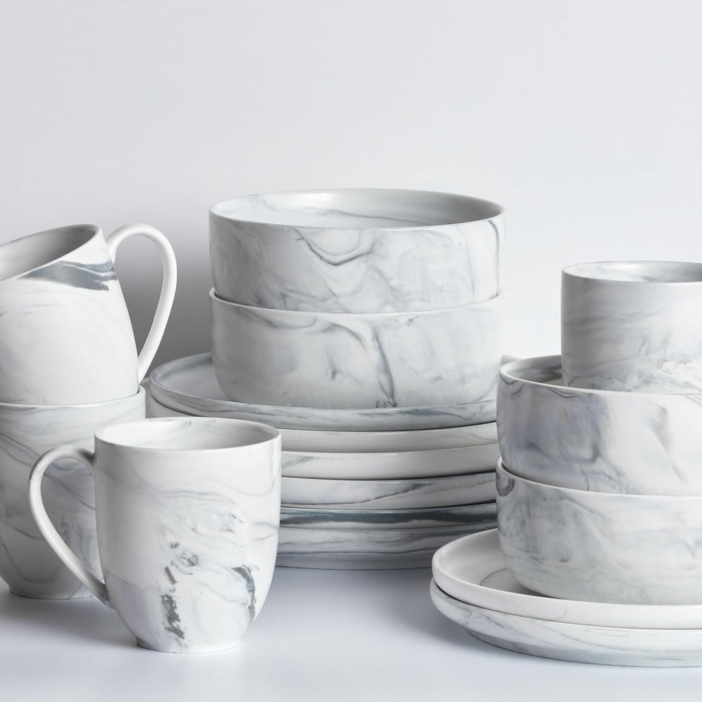 Stone Lain Porcelain 32 Piece Dinnerware Set, Cool Gray Swirl, Marble Design