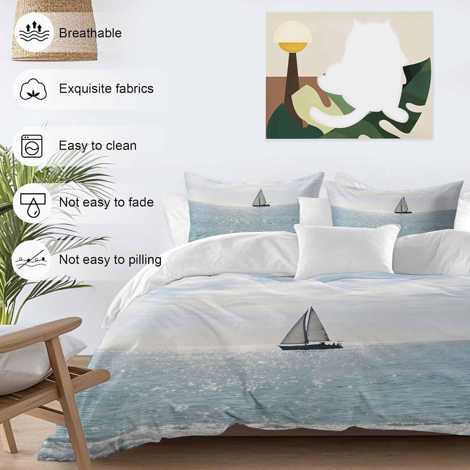 Nature Seascape Duvet Cover Set Queen Size 4 Pieces Sailboats Blue Waves Cloud Sky Ocean Surface Bedding Set with Zipper Closure, 1 Comforter Cover 86x86 Inches 1 Flat Sheet & 2 Pillow Cases