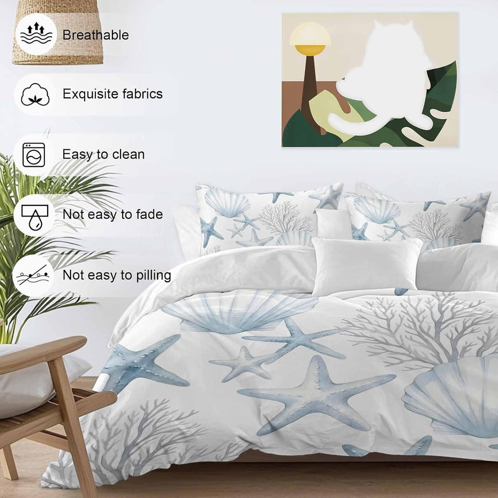 Summer Ocean Shell Duvet Cover Set Queen Size 4 Pieces Nautical Watercolor Blue Starfish Seashell Coral Bedding Set with Zipper Closure, 1 Comforter Cover 86x86 Inches 1 Flat Sheet & 2 Pillow Cases