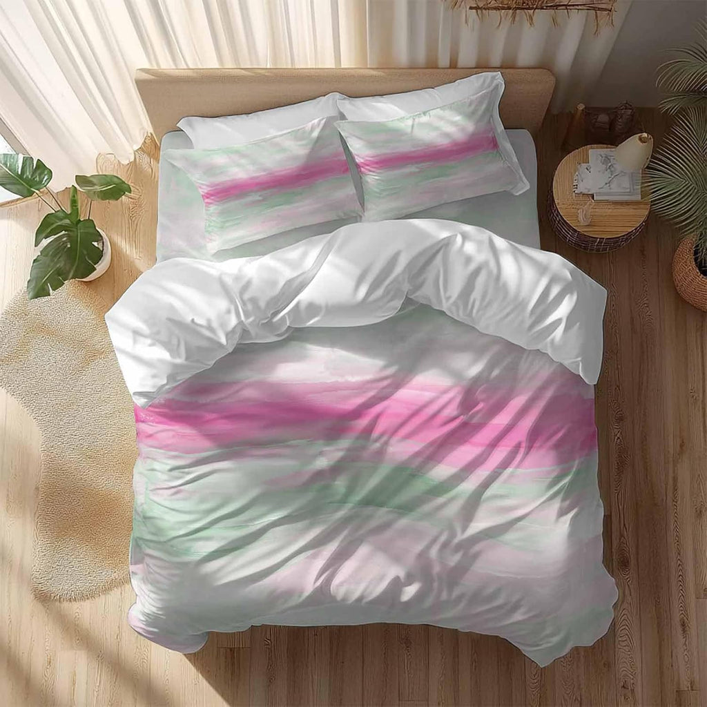 Abstract Sunset Duvet Cover Set Queen Size 4 Pieces Pink Green White Gradient Modern Oil Painting Bedding Set with Zipper Closure, 1 Comforter Cover 90x92 Inches 1 Flat Sheet & 2 Pillow Cases