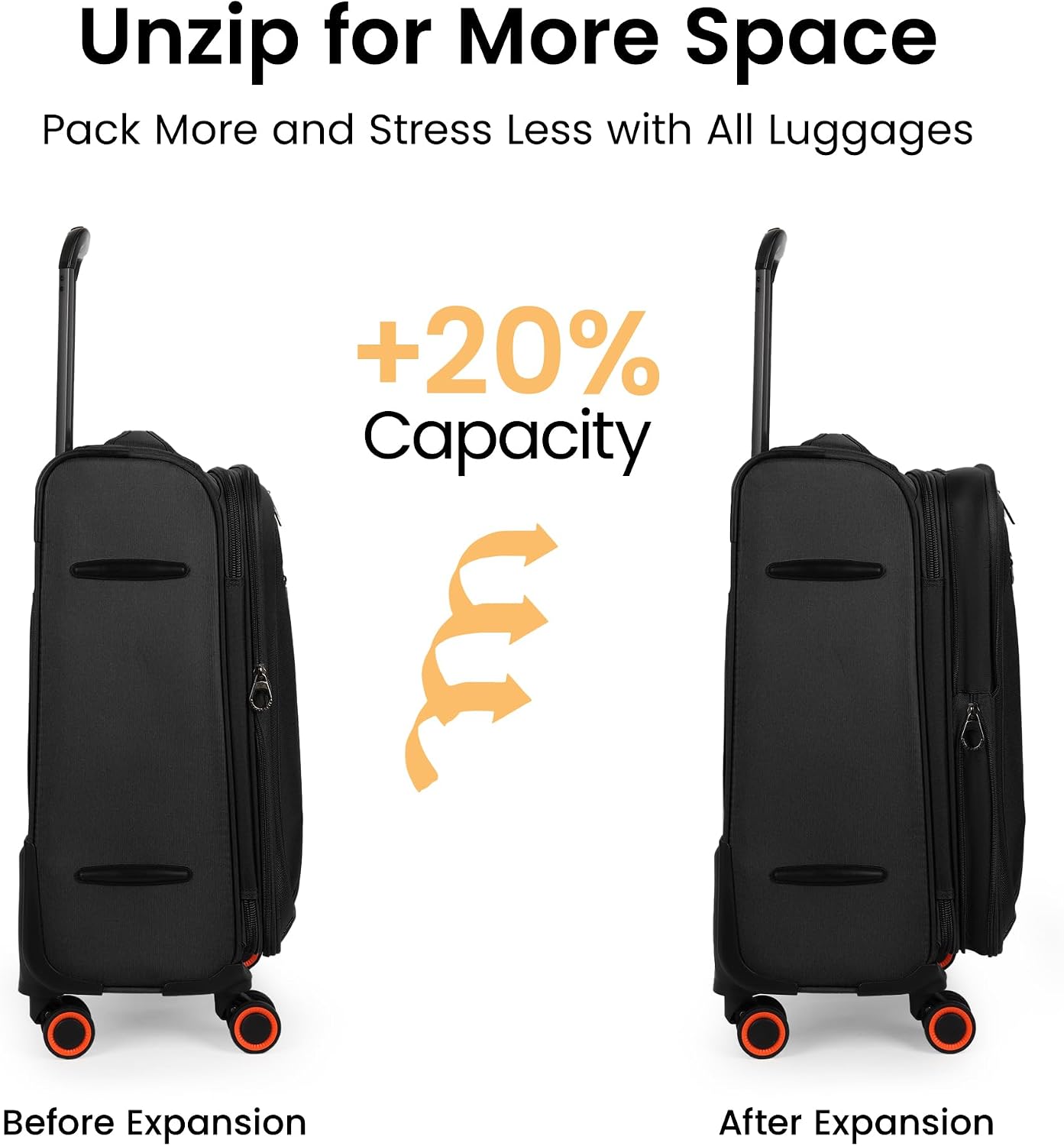 2-Piece Set (22in/28)Softside Expandable 20% Luggage w/Spinner Wheels,Front Opening Softside Luggage Sets w/TSA LOCK,Lightweight Durable Rolling Luggage for Men/Women（Black,22in/28in）