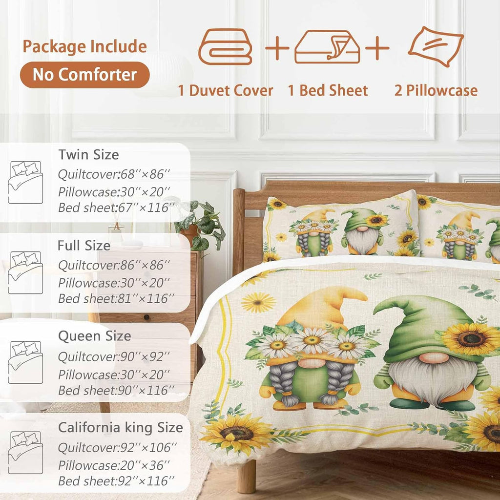 Prime Leader Summer Dwarfs Duvet Cover Set Queen Size 4 Pieces Yellow Sunflower Daisy Field Plant Vintage Bedding Set with Zipper Closure, 1 Comforter Cover 90x92 Inches 1 Flat Sheet & 2 Pillow Cases