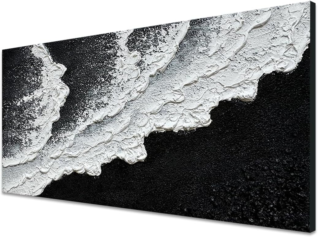 Black and White Beach Wave Textured Wall Art 3D Oil Painting Hand Painted Abstract Large Canvas Framed 29x58 Inch Acrylic Painting