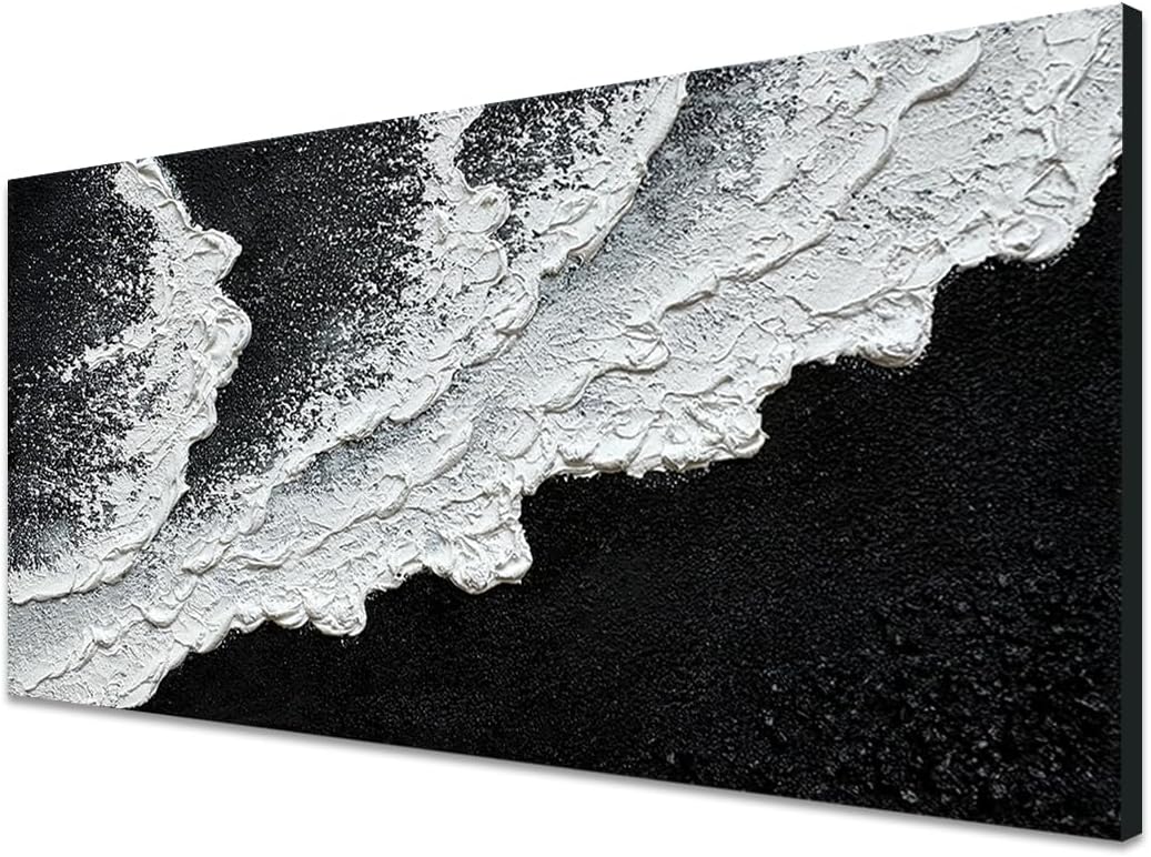 Black and White Beach Wave Textured Wall Art 3D Oil Painting Hand Painted Abstract Large Canvas Framed 29x58 Inch Acrylic Painting