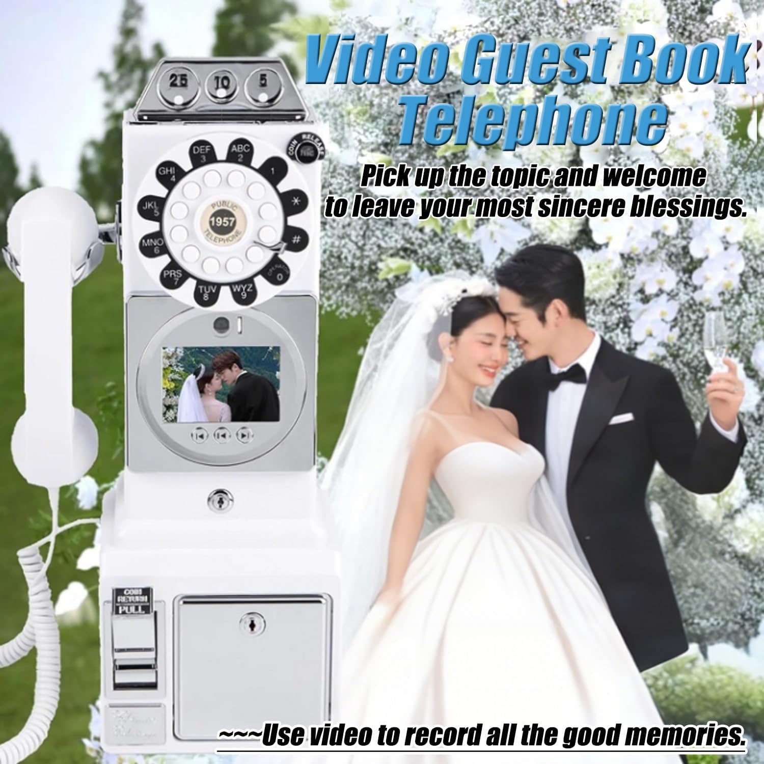 1080P Video Guestbook Wedding Phone, Retro Classic Audio Guestbook Record Customized Audio Messages with Guest Book Telephone for Parties Weddings Birthdays Rentals Confessions,White-32G
