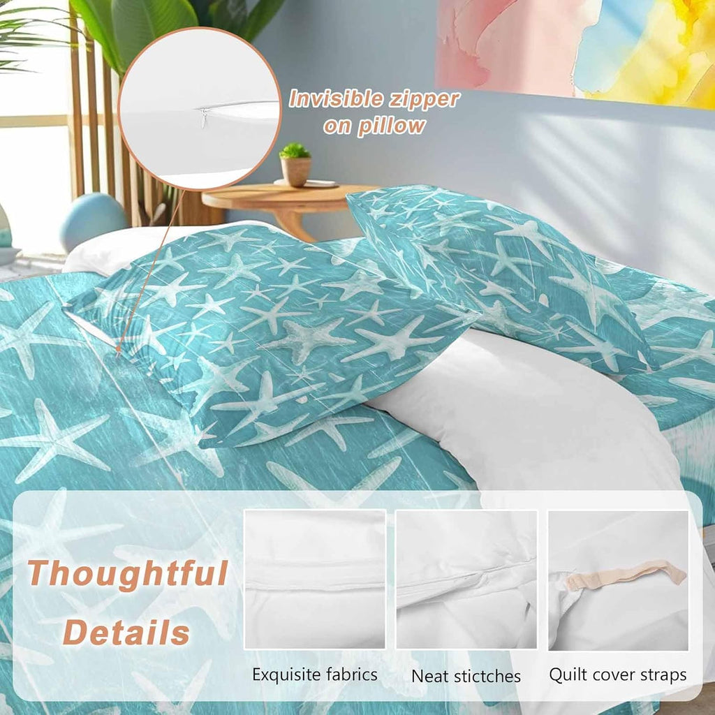 Summer Duvet Cover Set Queen Size 4 Pieces Coastal Watercolor Teal White Sea Starfish Wood Grain Bedding Set with Zipper Closure, 1 Comforter Cover 92x106 Inches 1 Flat Sheet & 2 Pillow Cases