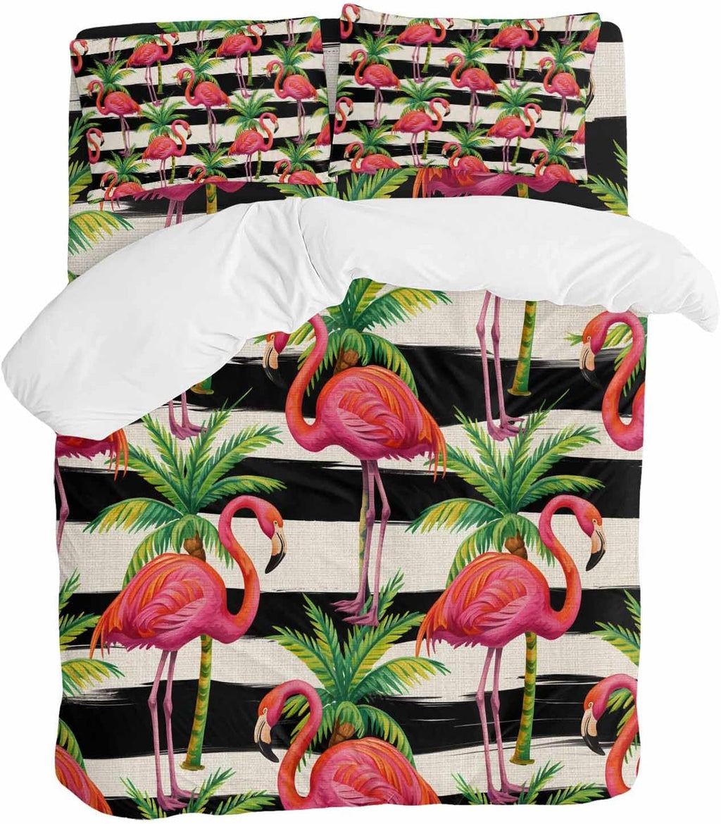 Prime Leader Pink Flamingo Duvet Cover Set Queen Size 4 Pieces Palm Leaf White Black Striped Vintage Bedding Set with Zipper Closure, 1 Comforter Cover 90x92 Inches 1 Flat Sheet & 2 Pillow Cases