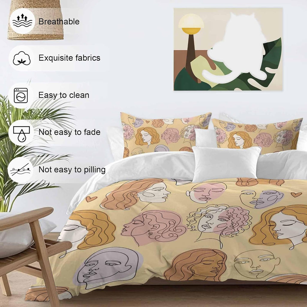 Abstract Face Painting Duvet Cover Set Queen Size 4 Pieces Boho Yellow Portraits Minimalist Line Bedding Set with Zipper Closure, 1 Comforter Cover 92x106 Inches 1 Flat Sheet & 2 Pillow Cases