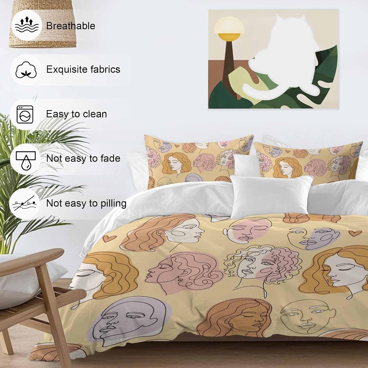 Abstract Face Painting Duvet Cover Set Queen Size 4 Pieces Boho Yellow Portraits Minimalist Line Bedding Set with Zipper Closure, 1 Comforter Cover 90x92 Inches 1 Flat Sheet & 2 Pillow Cases