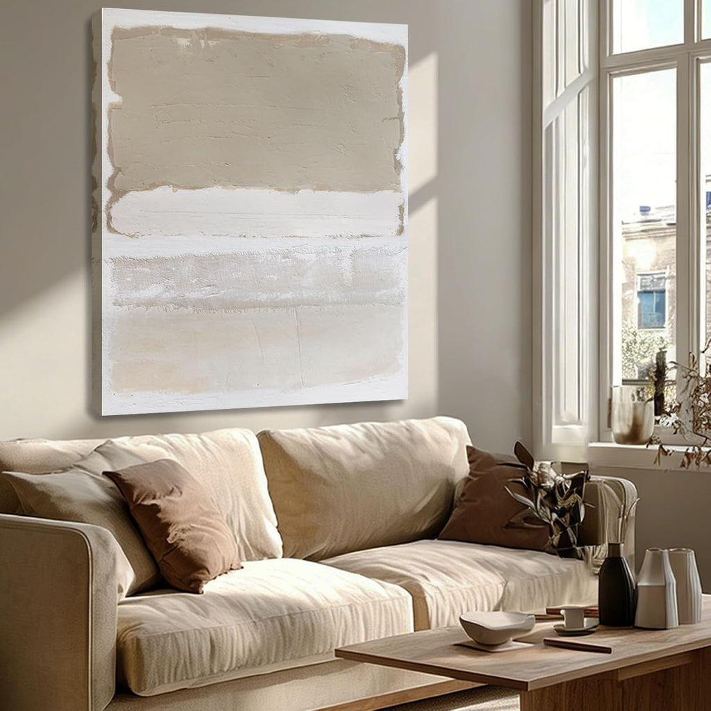 SHEYOYE Hand-painted Abstract Wall Art - Large Canvas Art for Living Room, Bedroom, Modern Beige and White Art Decor, 36x48in