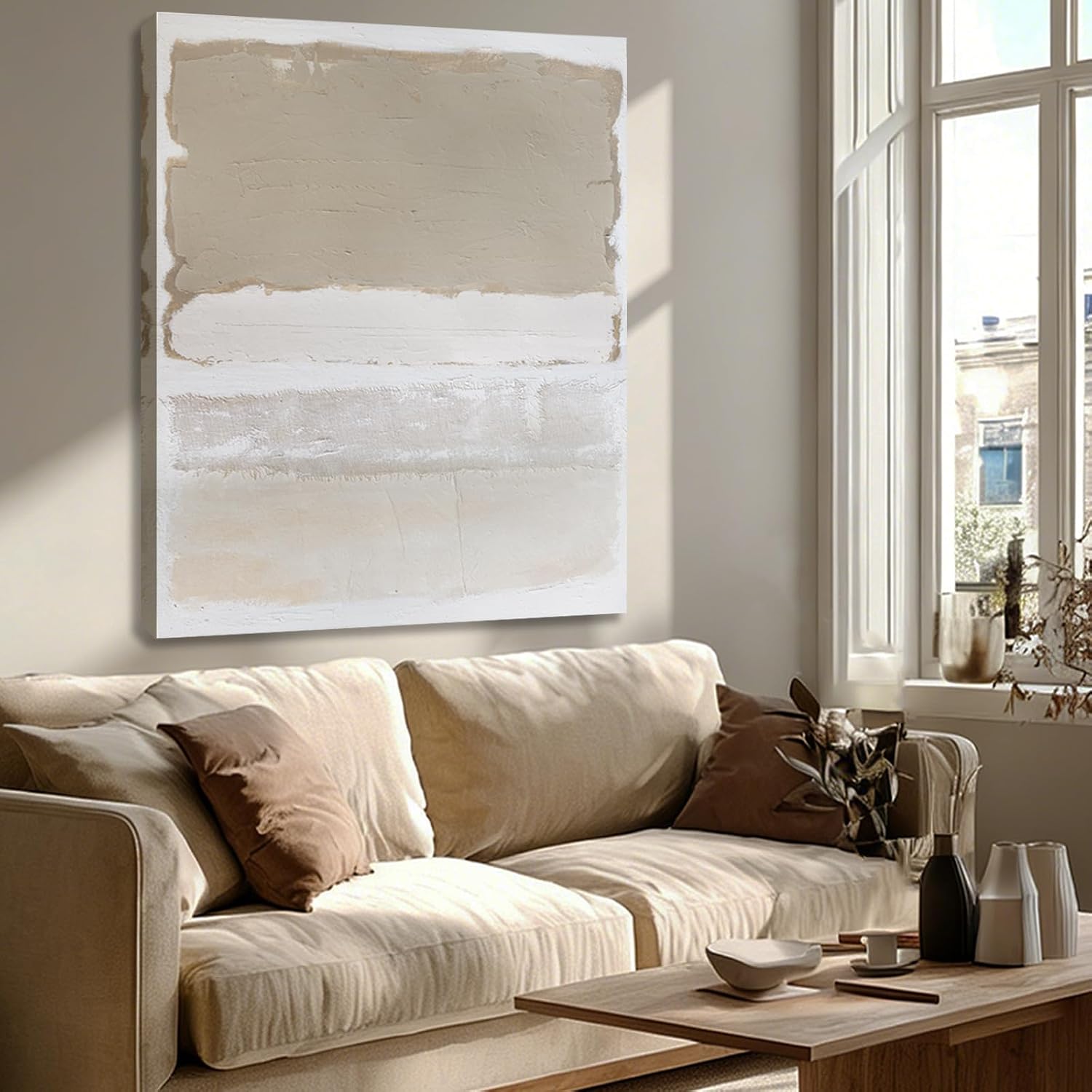 SHEYOYE Hand-painted Abstract Wall Art - Large Canvas Art for Living Room, Bedroom, Modern Beige and White Art Decor, 36x48in