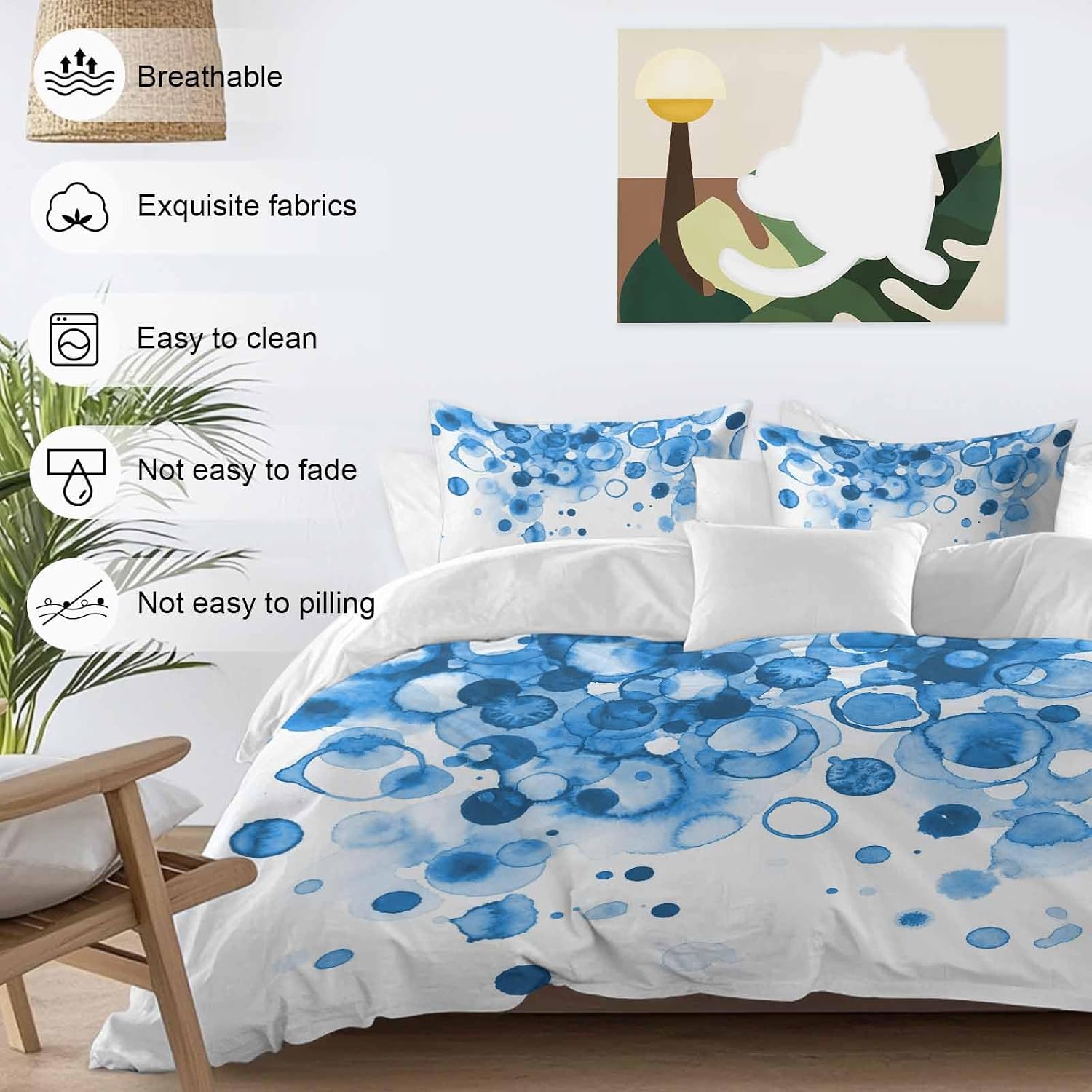 Abstract Duvet Cover Set Queen Size 4 Pieces Blue Gradient Watercolors Ink Points Minimalist Style Bedding Set with Zipper Closure, 1 Comforter Cover 90x92 Inches 1 Flat Sheet & 2 Pillow Cases