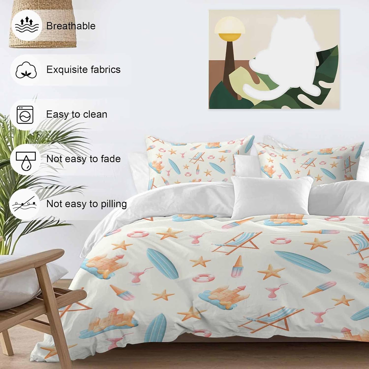 Summer Beach Duvet Cover Set Queen Size 4 Pieces Dreamy Ocean Blue Surfboards Beach Chair Castle Starfish Bedding Set with Zipper Closure, 1 Comforter Cover 90x92 Inches 1 Flat Sheet & 2 Pillow Cases
