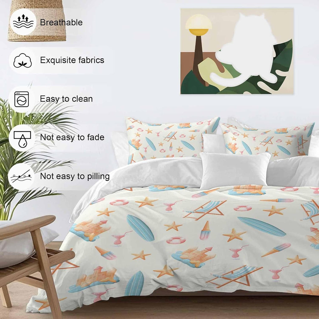 Summer Beach Duvet Cover Set Queen Size 4 Pieces Dreamy Ocean Blue Surfboards Beach Chair Castle Starfish Bedding Set with Zipper Closure, 1 Comforter Cover 86x86 Inches 1 Flat Sheet & 2 Pillow Cases