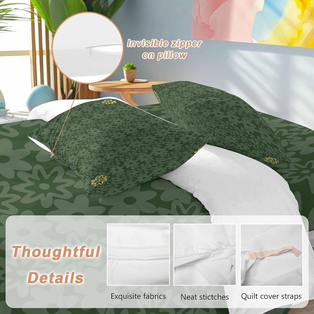 Prime Leader Flowers Duvet Cover Set Queen Size 4 Pieces Spring Green Yellow Daisy Floral Green Bedding Set with Zipper Closure, 1 Comforter Cover 92x106 Inches 1 Flat Sheet & 2 Pillow Cases