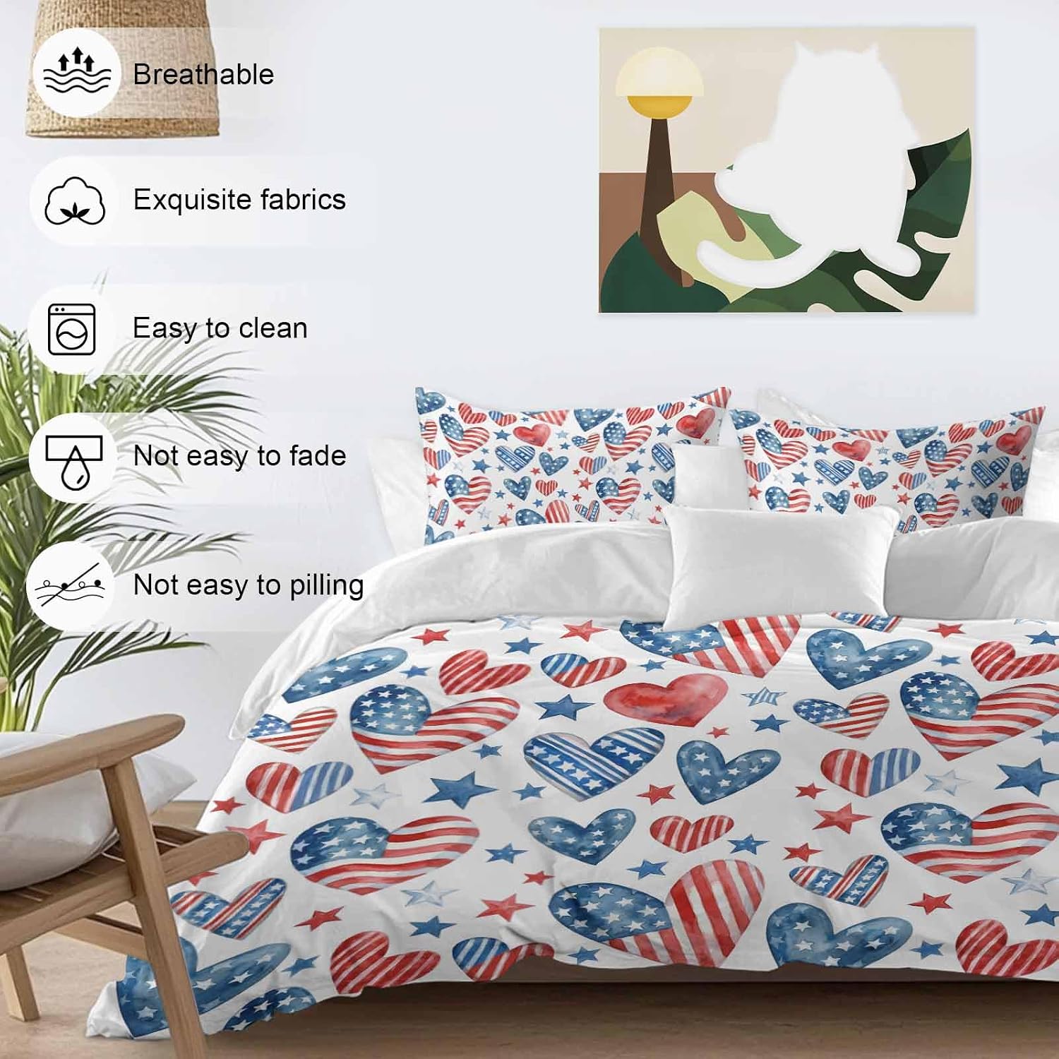 Independence Day Duvet Cover Set Queen Size 4 Pieces U. S. Flag Themed Love Heart Five-Pointed Stars Bedding Set with Zipper Closure, 1 Comforter Cover 86x86 Inches 1 Flat Sheet & 2 Pillow Cases
