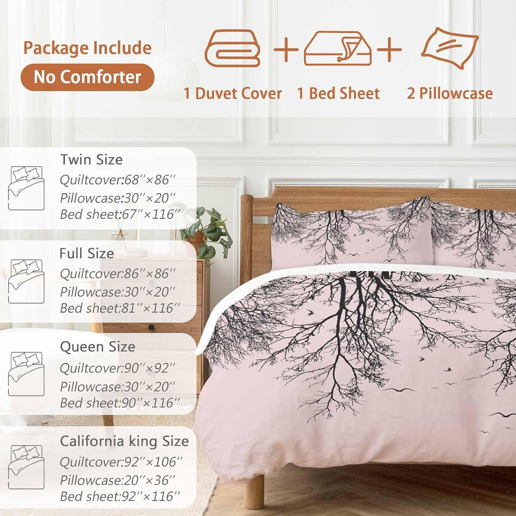 Prime Leader Tree Branches Bird Duvet Cover Set Queen Size 4 Pieces Pink Background Black Deadwood Bedding Set with Zipper Closure, 1 Comforter Cover 86x86 Inches 1 Flat Sheet & 2 Pillow Cases