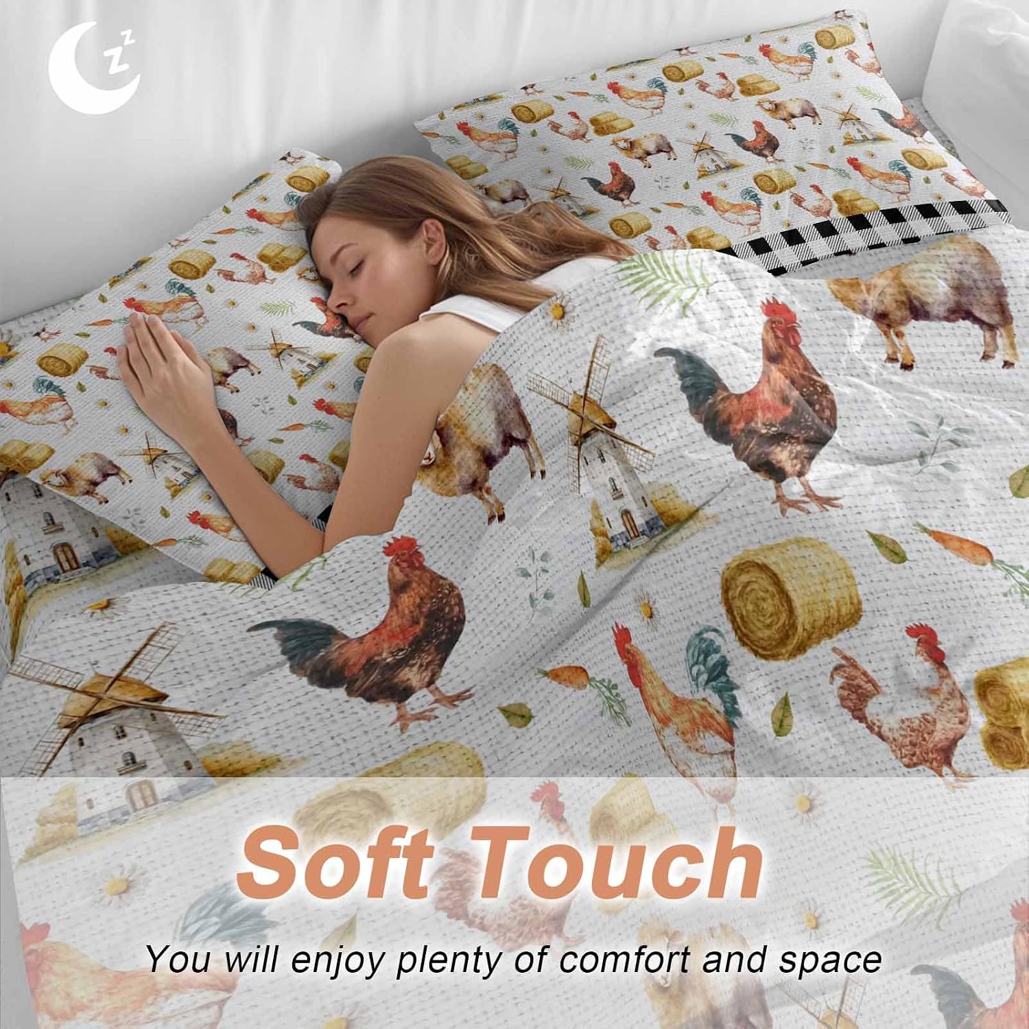 Farm Animal Duvet Cover Set Queen Size 4 Pieces Farmhouse Red Barn Sheep Pigs Rooster Country Black Plaid Bedding Set with Zipper Closure, 1 Comforter Cover 86x86 Inches 1 Flat Sheet & 2 Pillow Cases