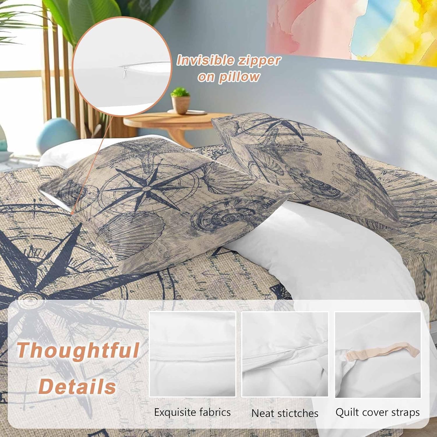 Vintage Nautical Duvet Cover Set Queen Size 4 Pieces Summer Navy Blue Compass Shell Starfish Brown Bedding Set with Zipper Closure, 1 Comforter Cover 86x86 Inches 1 Flat Sheet & 2 Pillow Cases