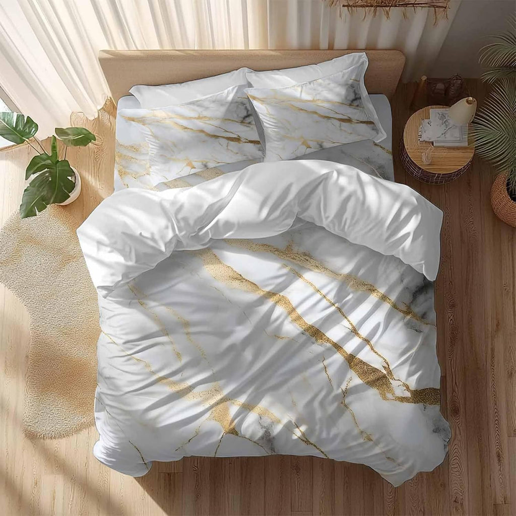 Prime Leader Gray Gold Marble Duvet Cover Set Queen Size 4 Pieces Modern Abstract Luxury Ink Texture Bedding Set with Zipper Closure, 1 Comforter Cover 86x86 Inches 1 Flat Sheet & 2 Pillow Cases
